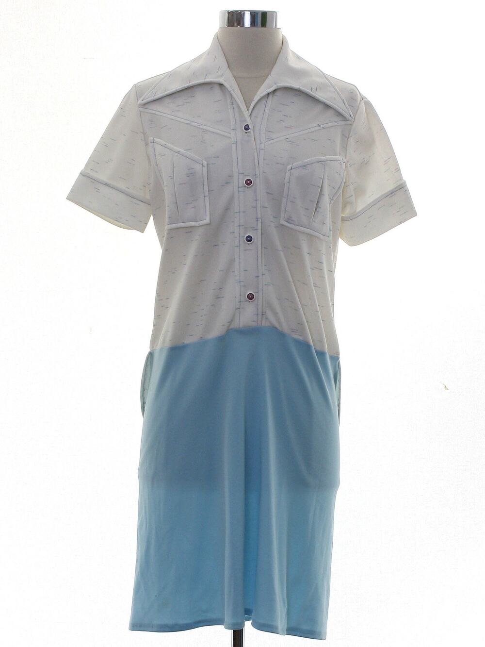 Vintage 70s Mod Colorblock Mini Dress White Blue Polyester Knit Women's Small
